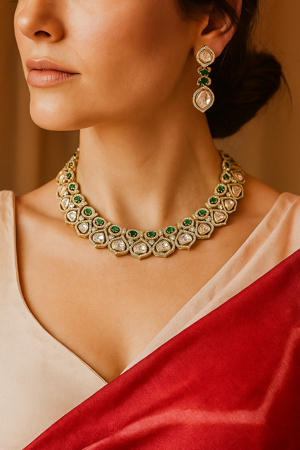 Emerald Green Kundan Choker Necklace Set with Earrings – Gold Finish